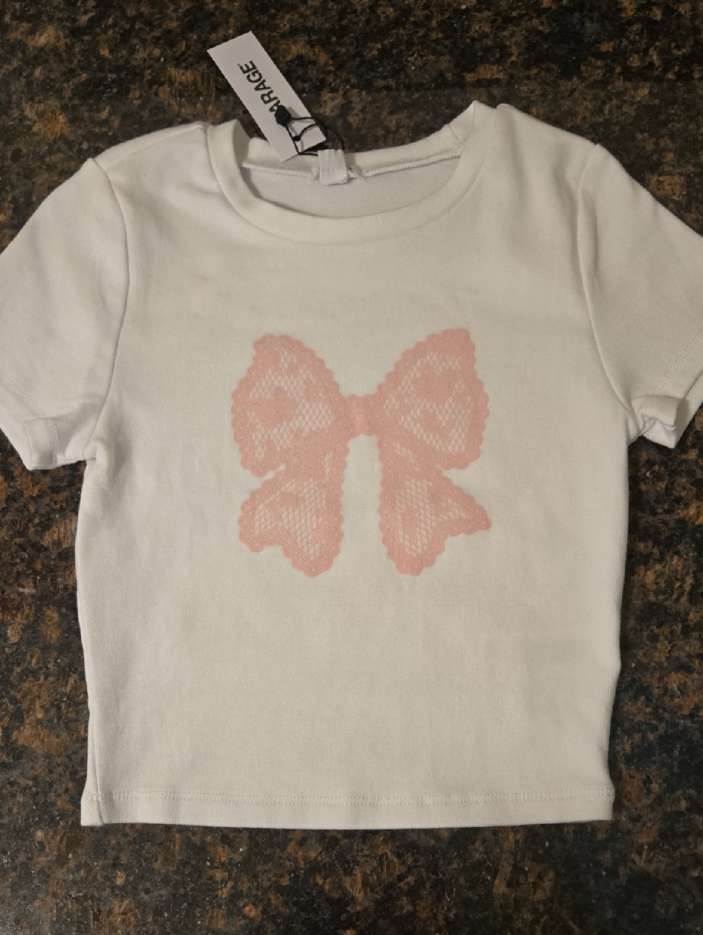 Garage White Tee with Pink Bow Graphic